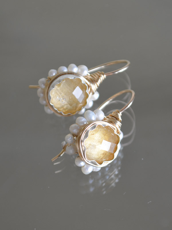 earrings Flower citrine and pearls